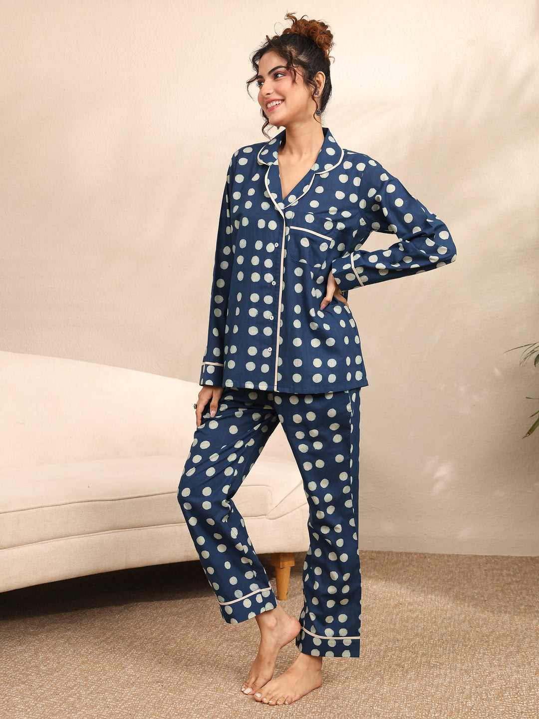 Blue Printed Cotton Night Suit