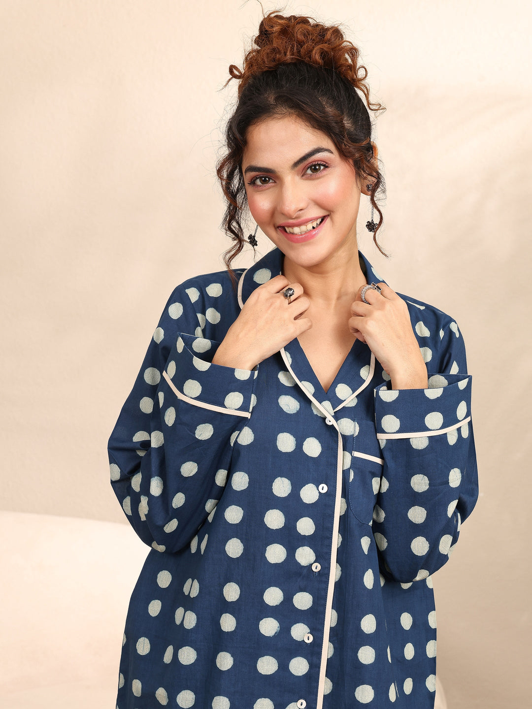 Blue Printed Cotton Night Suit