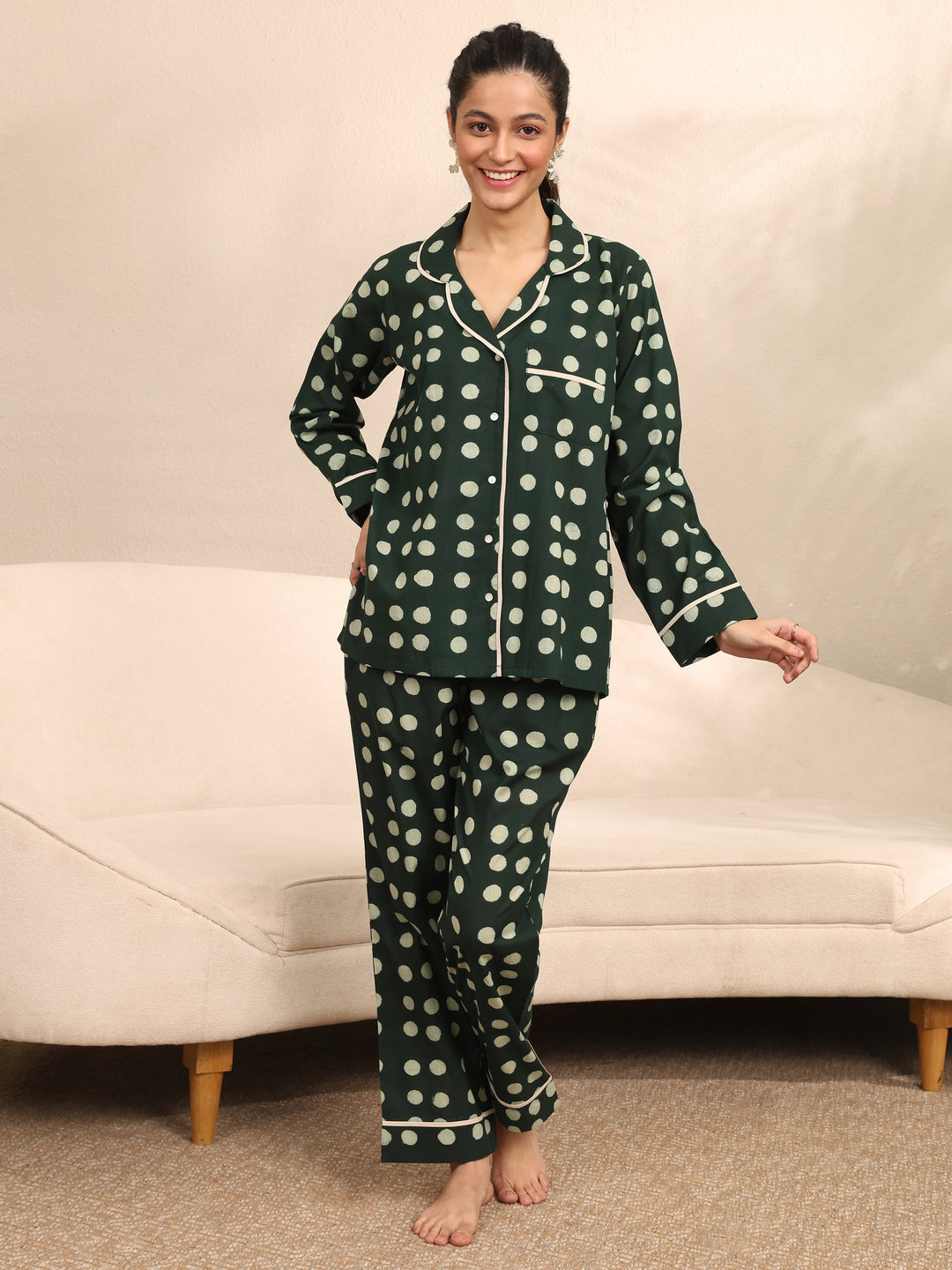 Green Printed Cotton Night Suit