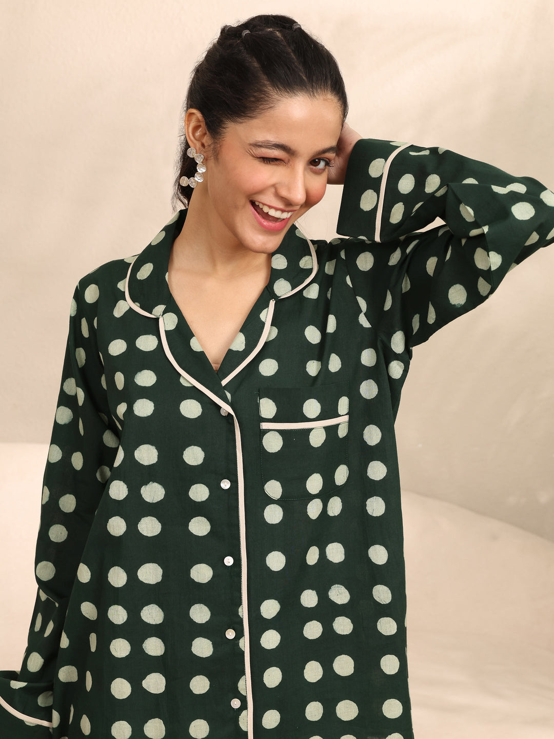 Green Printed Cotton Night Suit
