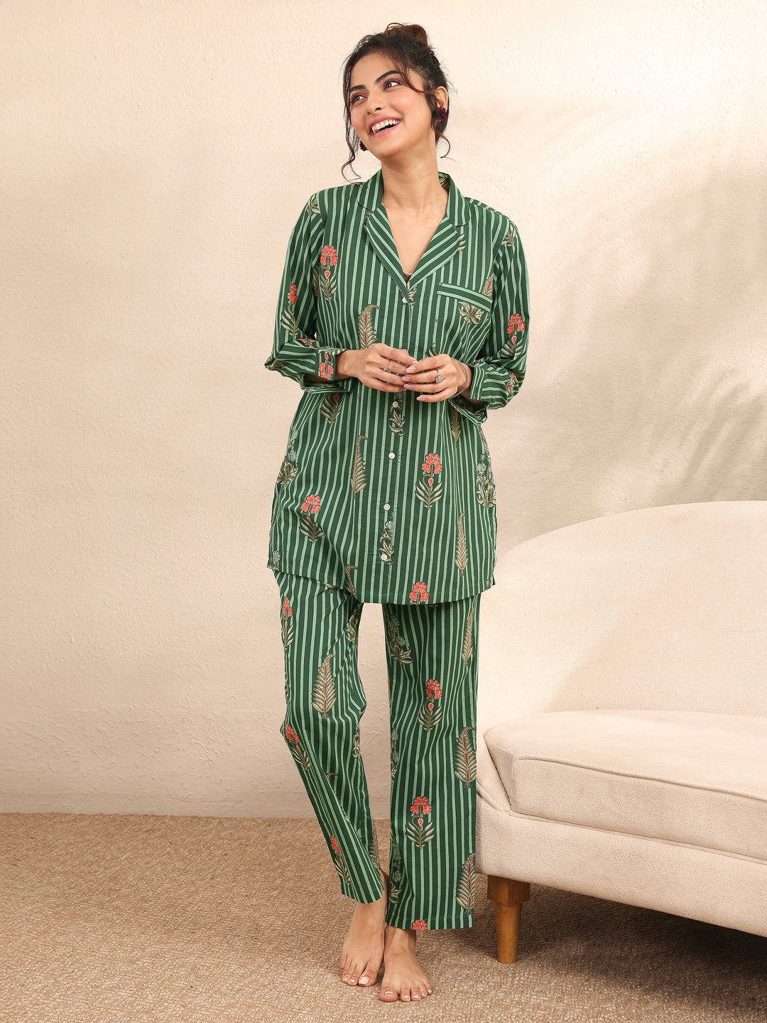 Green Printed Cotton Night Suit