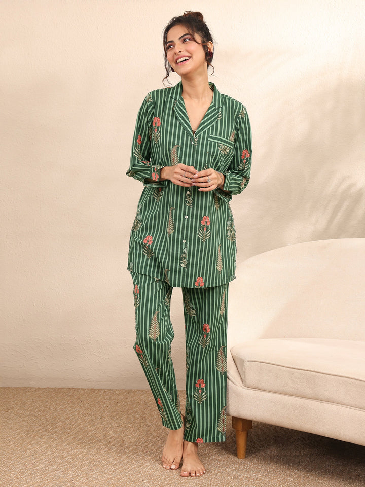 Green Printed Cotton Night Suit