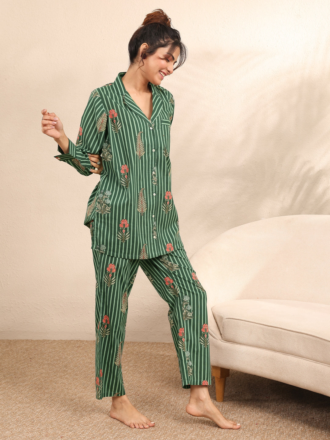 Green Printed Cotton Night Suit