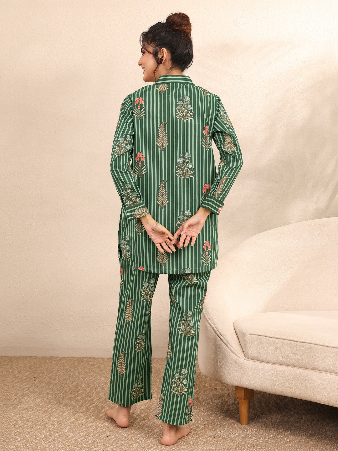 Green Printed Cotton Night Suit
