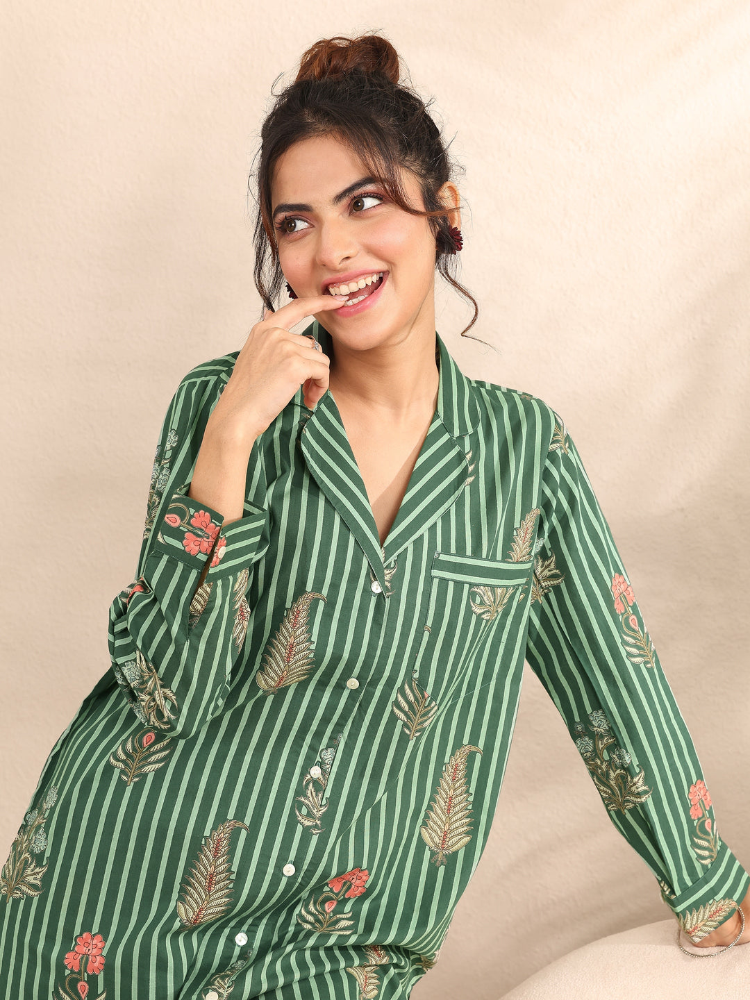 Green Printed Cotton Night Suit