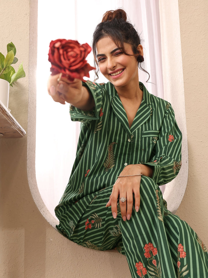 Green Printed Cotton Night Suit