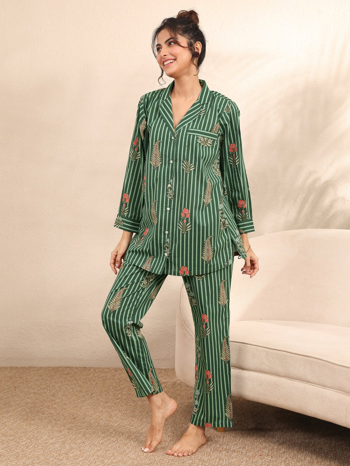Green Printed Cotton Night Suit