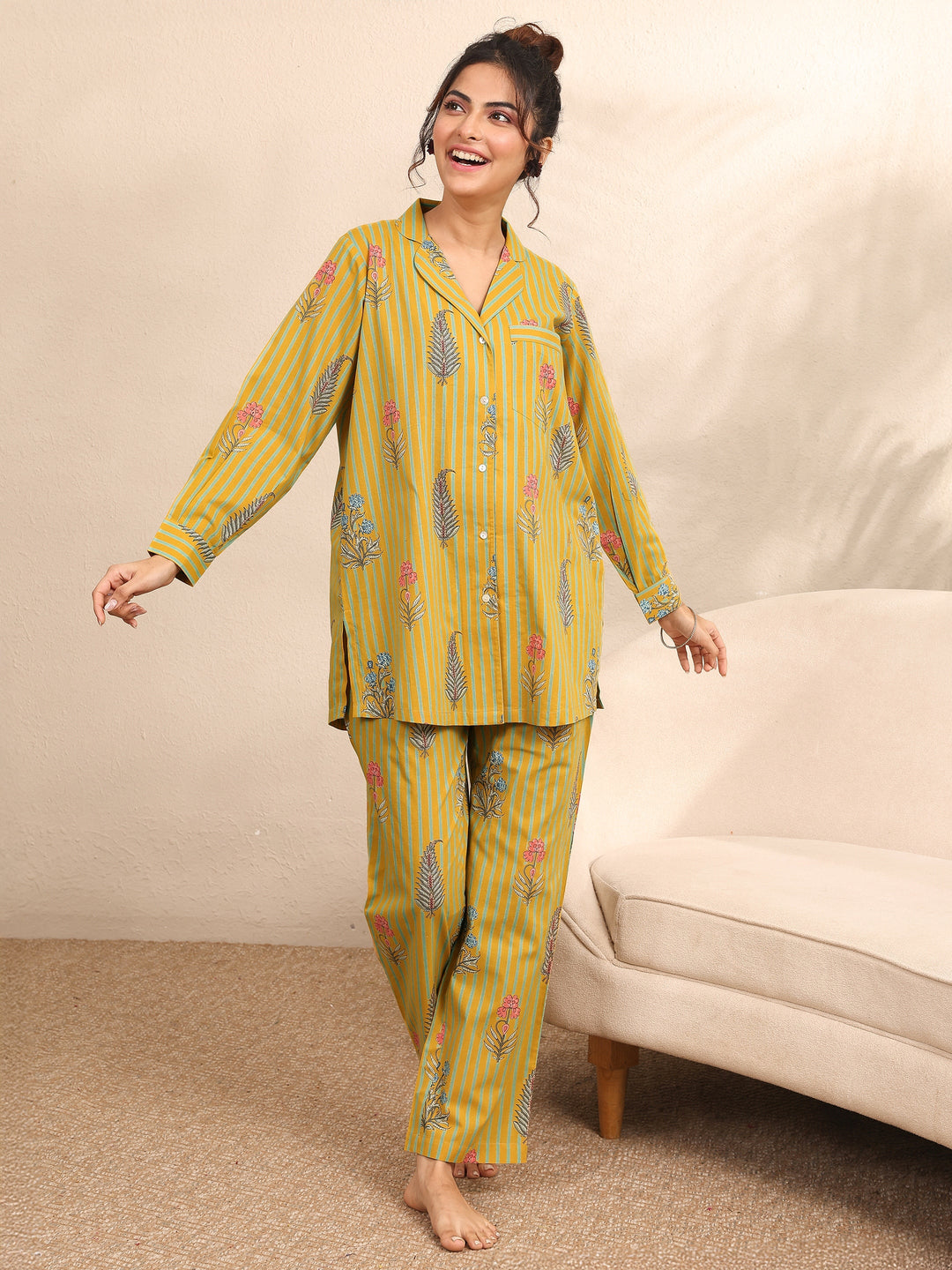 Mustard Printed Cotton Night Suit