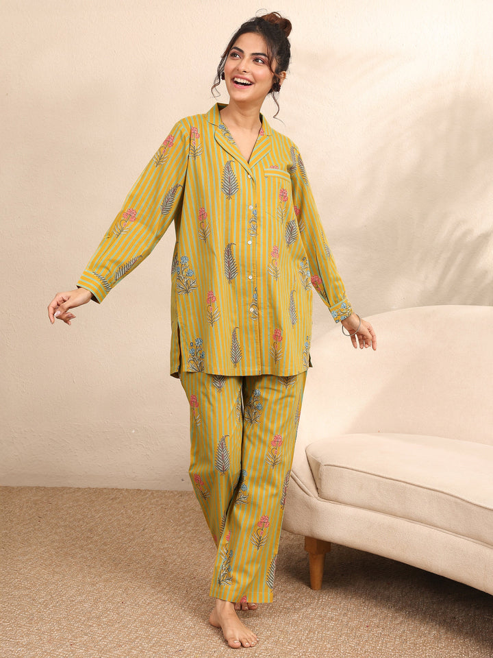 Mustard Printed Cotton Night Suit