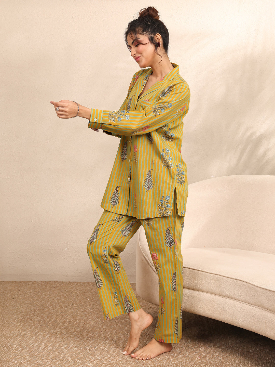 Mustard Printed Cotton Night Suit