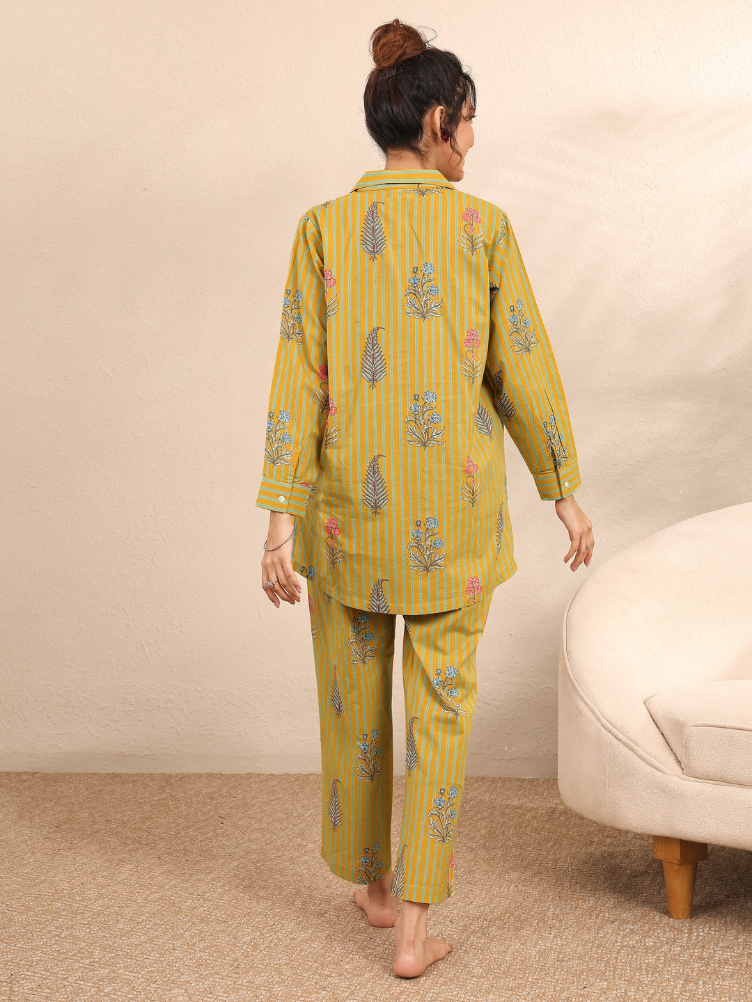 Mustard Printed Cotton Night Suit