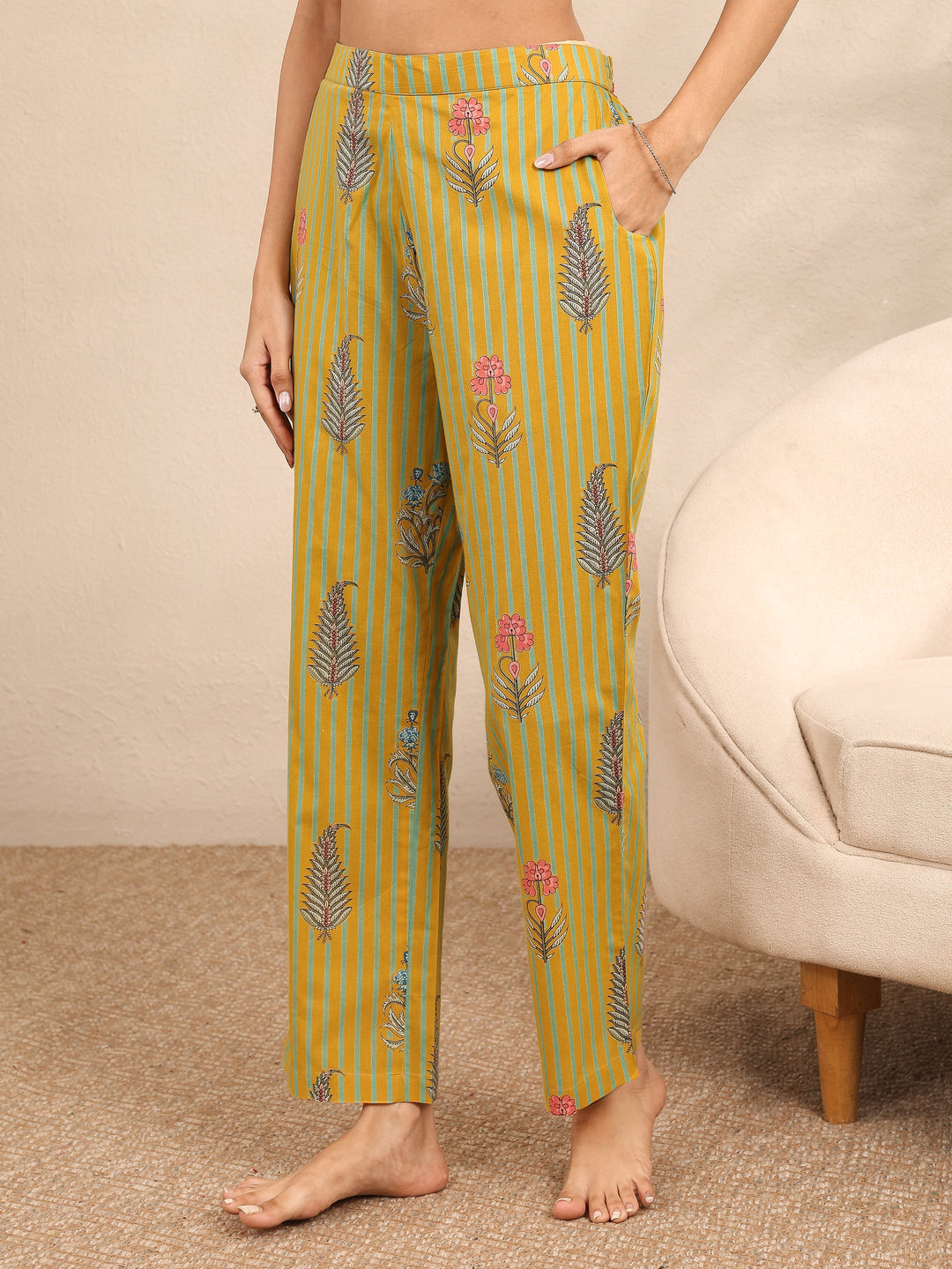 Mustard Printed Cotton Night Suit