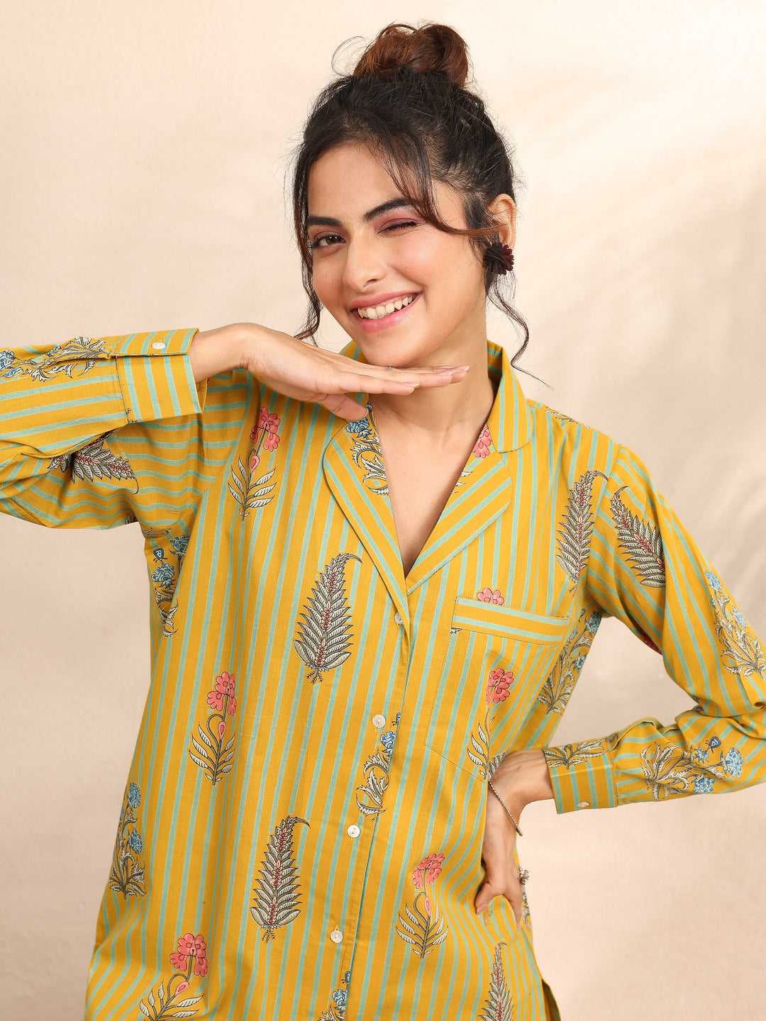Mustard Printed Cotton Night Suit