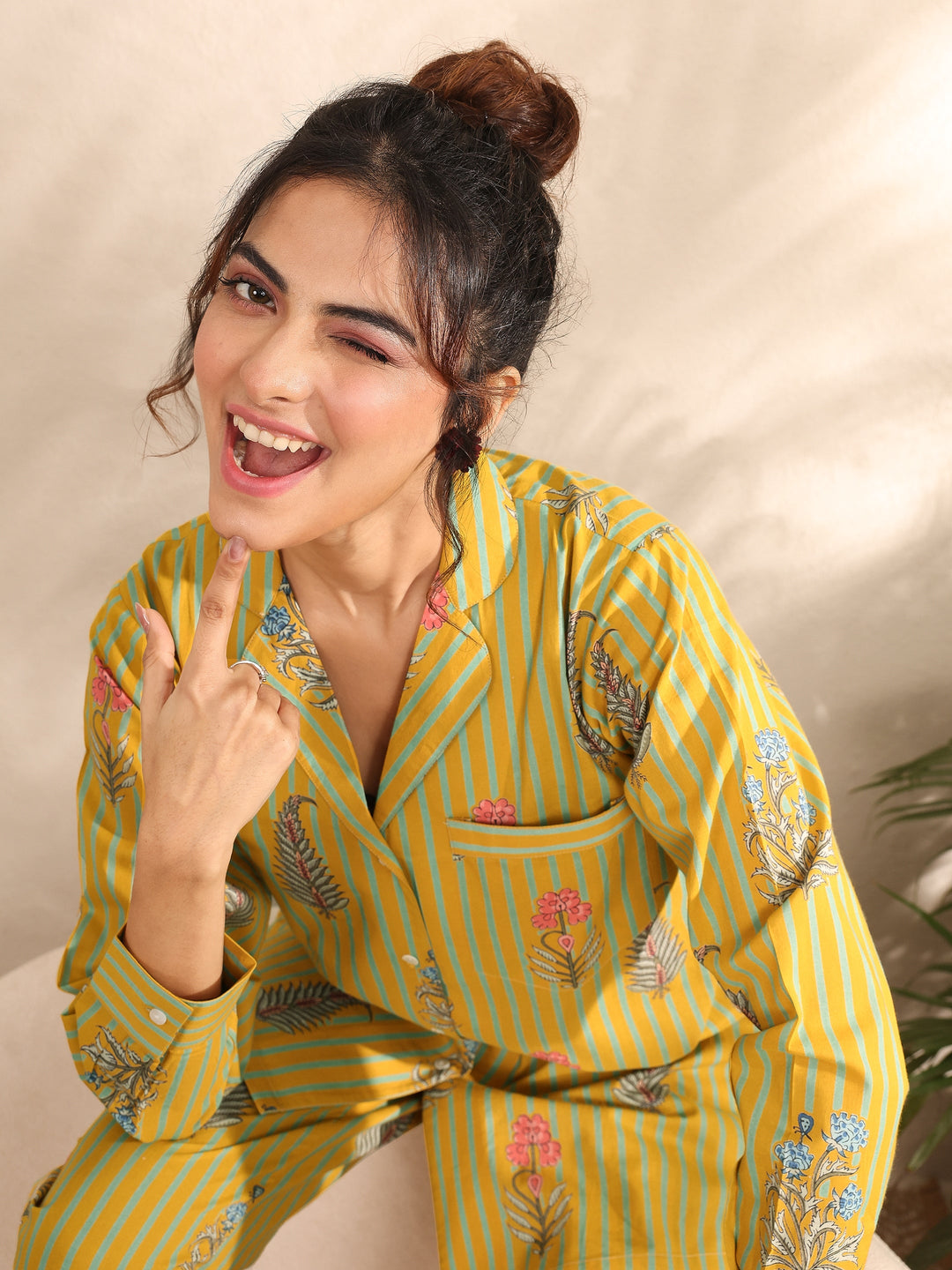 Mustard Printed Cotton Night Suit