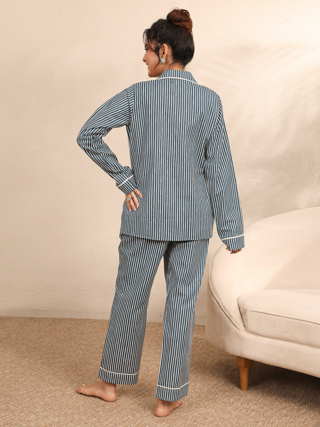 Blue Printed Cotton Night Suit