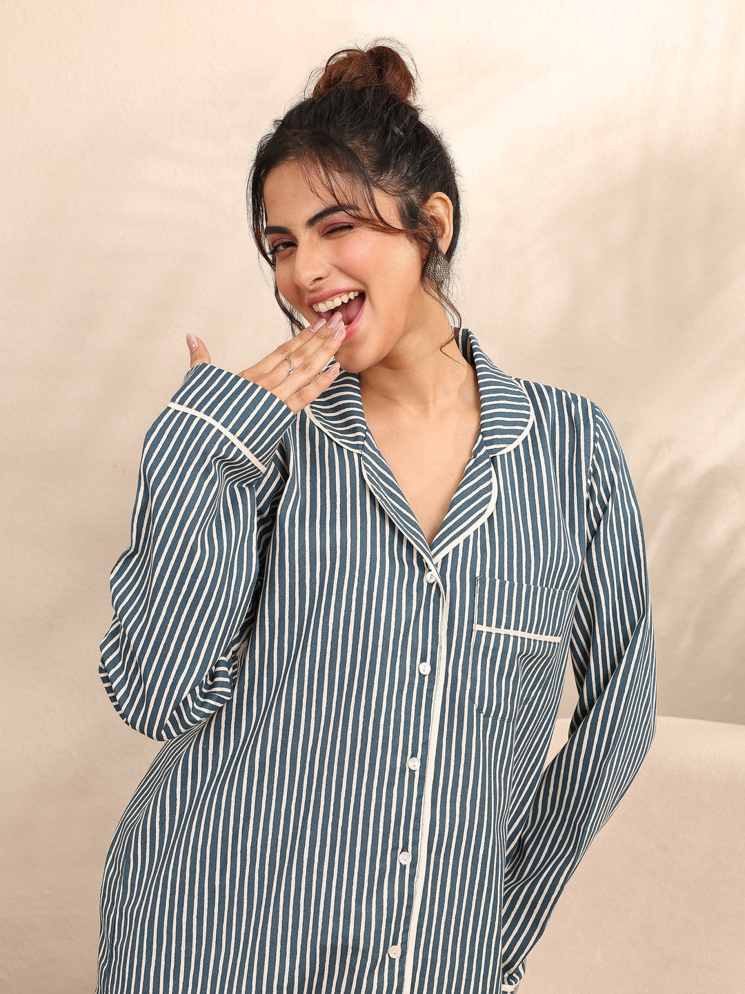 Blue Printed Cotton Night Suit