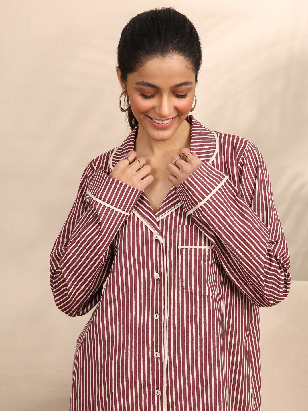 Maroon Printed Cotton Night Suit