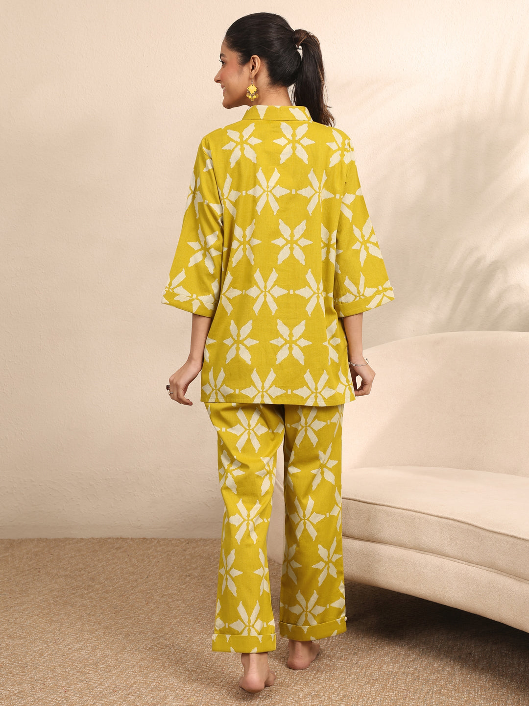 Mustard Printed Cotton Night Suit