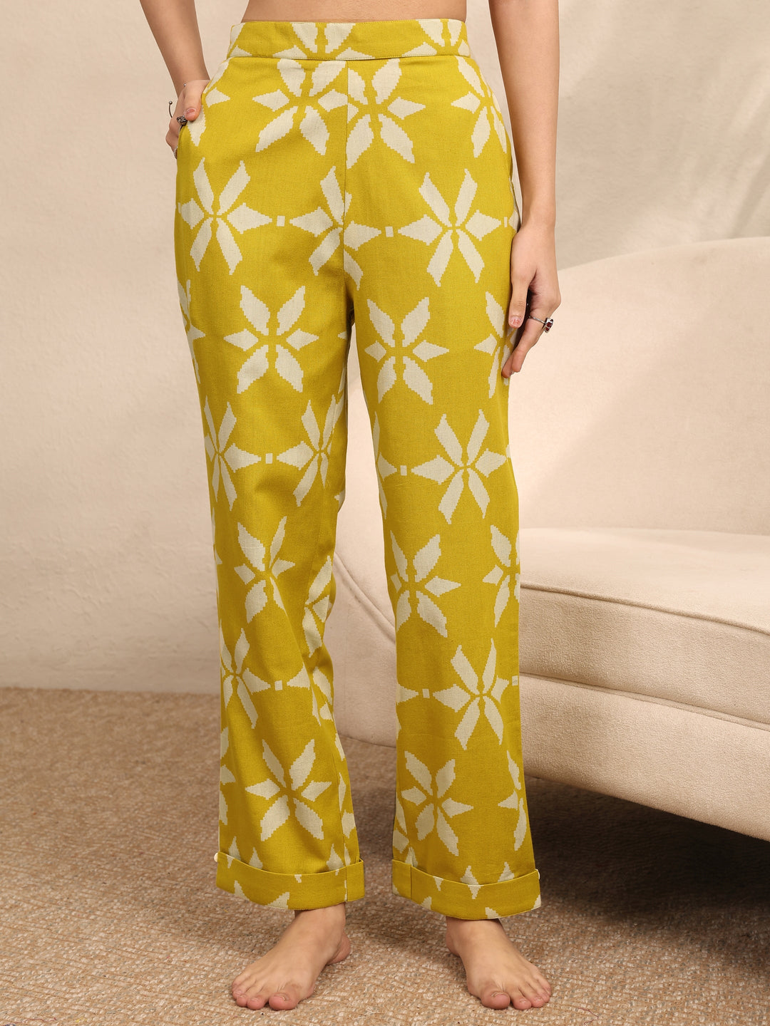 Mustard Printed Cotton Night Suit