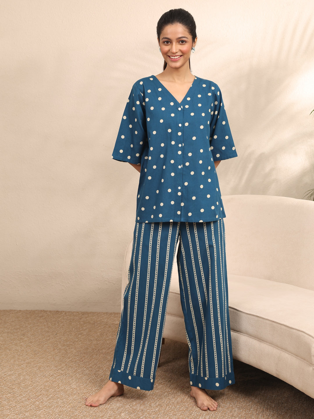 Blue Printed Cotton Night Suit