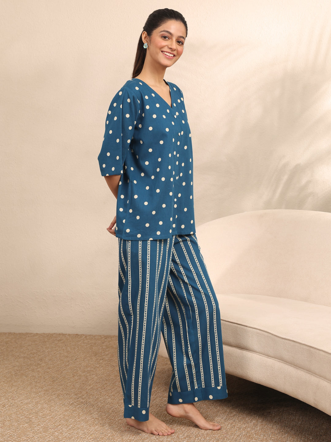 Blue Printed Cotton Night Suit