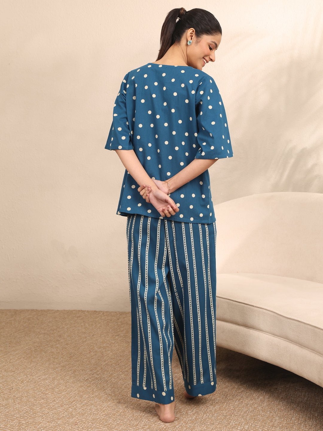 Blue Printed Cotton Night Suit