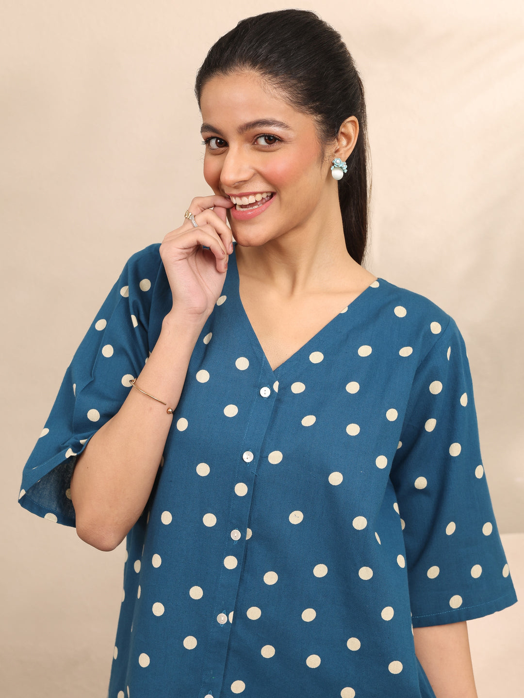 Blue Printed Cotton Night Suit