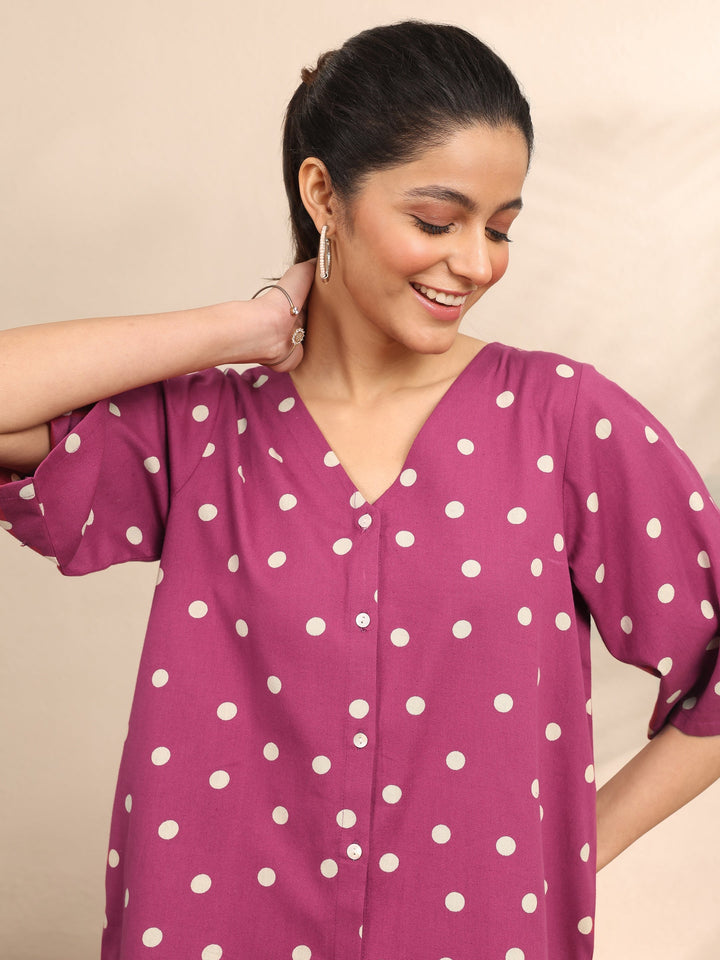 Burgundy Printed Cotton Night Suit