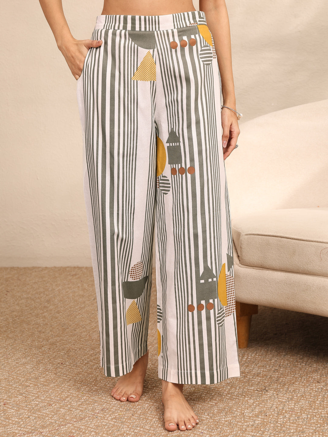 Off White Printed Cotton Night Suit