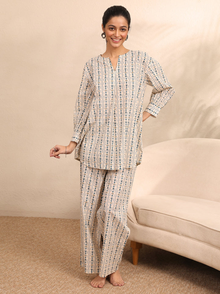 Off White Printed Cotton Night Suit