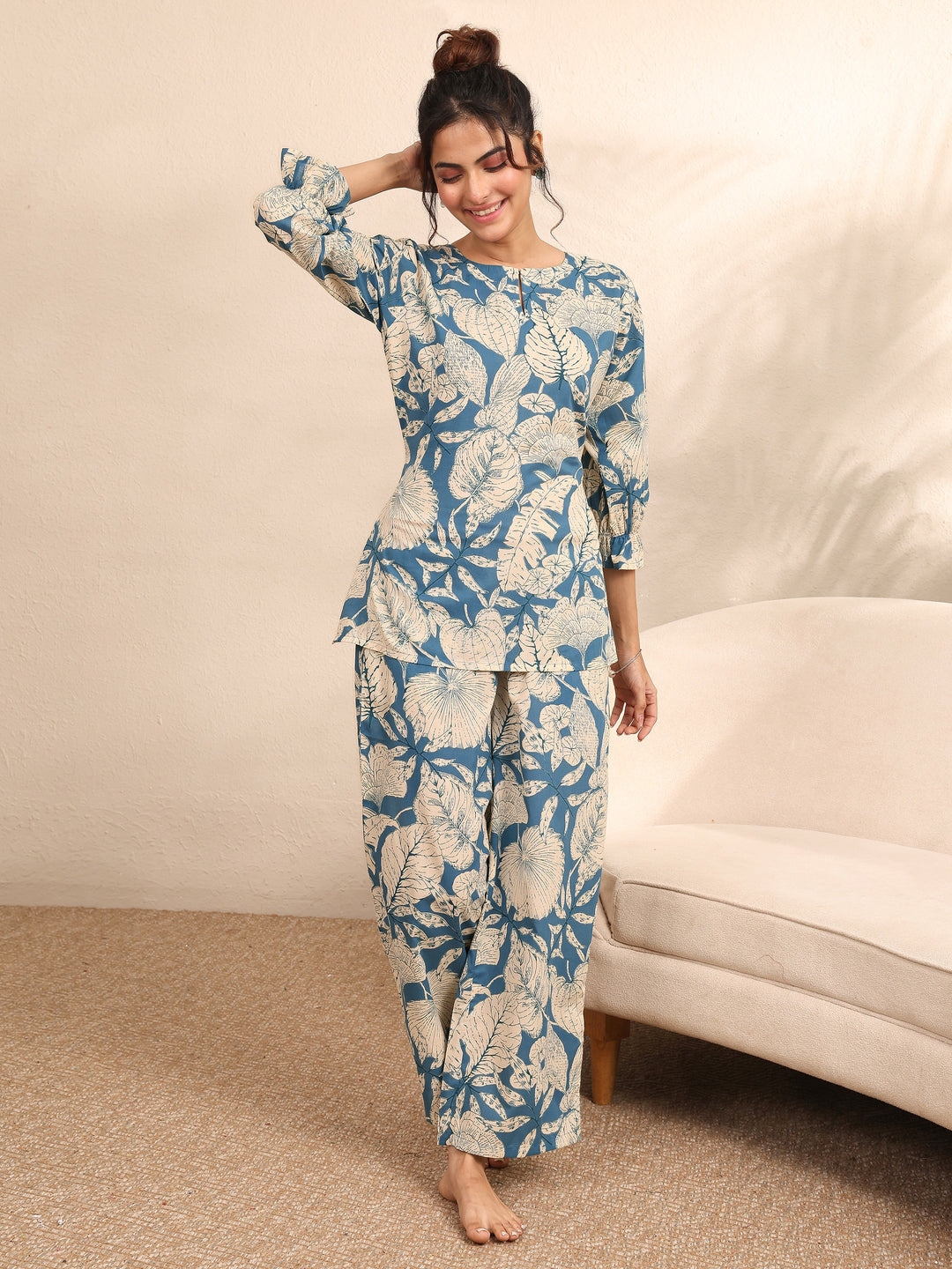 Blue Printed Cotton Night Suit