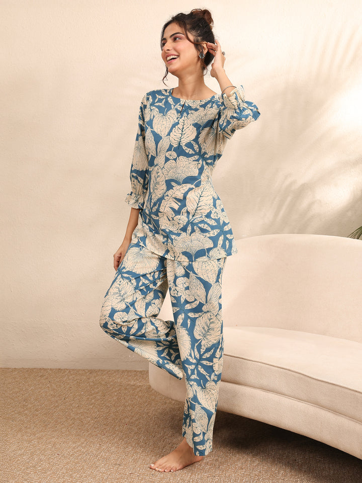 Blue Printed Cotton Night Suit
