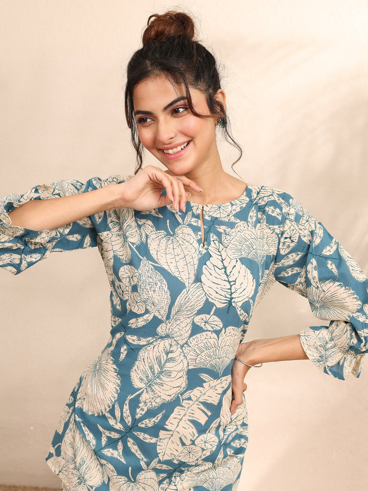 Blue Printed Cotton Night Suit