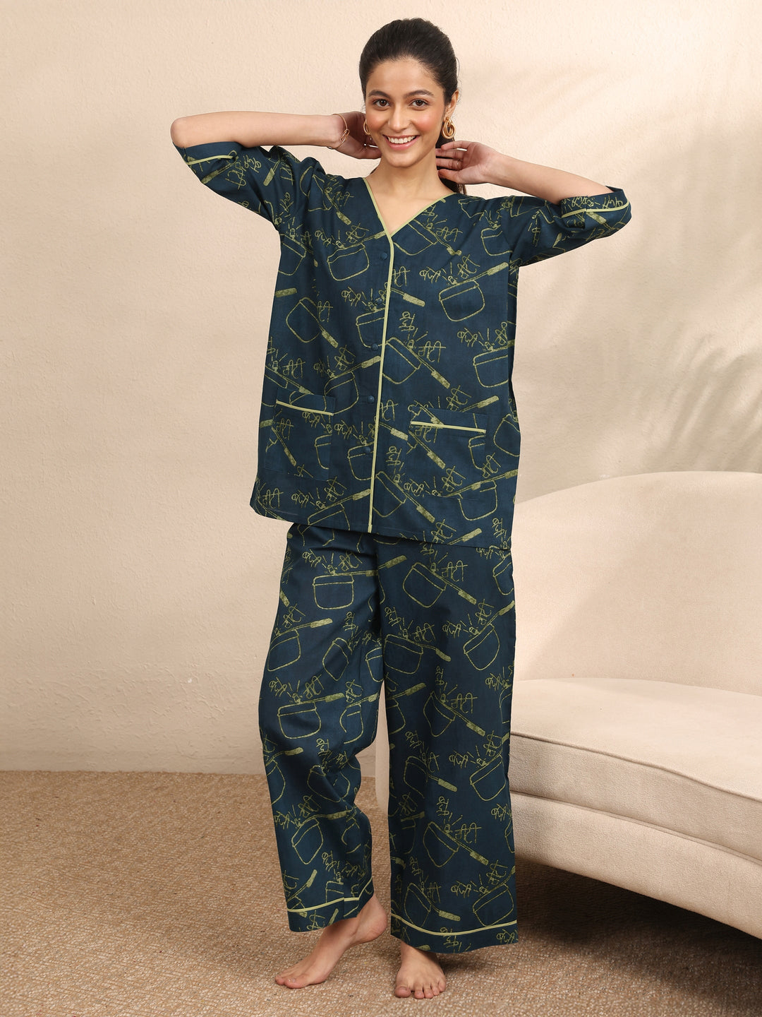 Teal Printed Cotton Night Suit