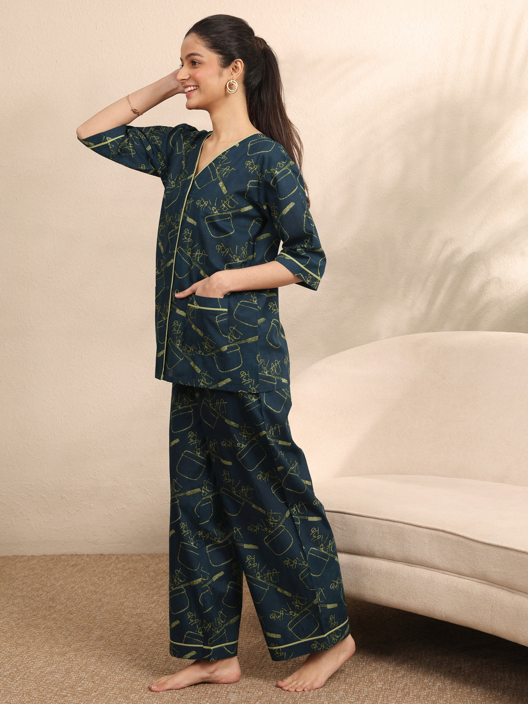 Teal Printed Cotton Night Suit