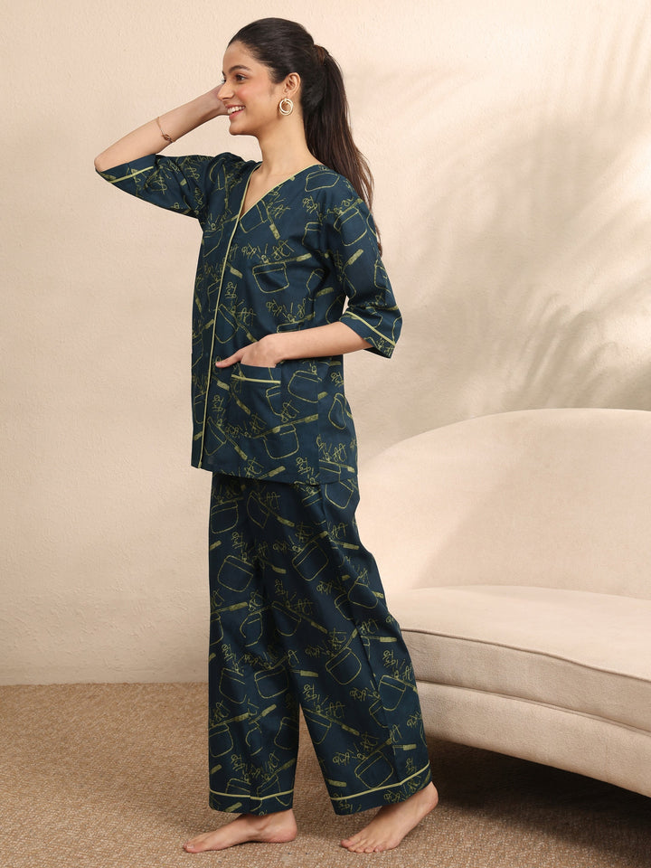 Teal Printed Cotton Night Suit