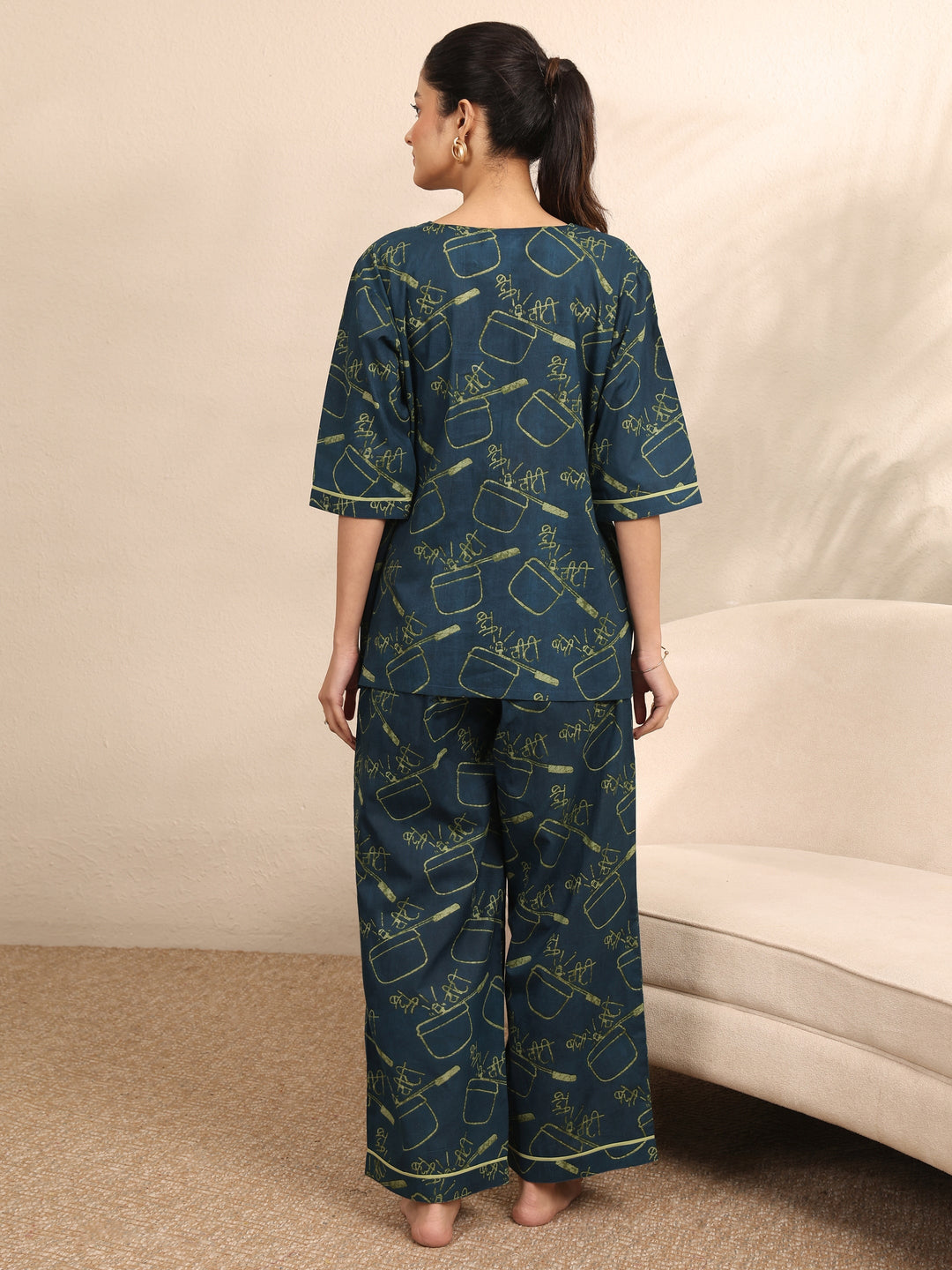 Teal Printed Cotton Night Suit