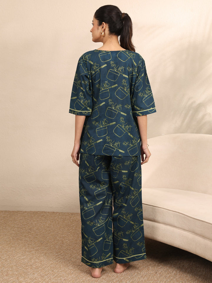 Teal Printed Cotton Night Suit