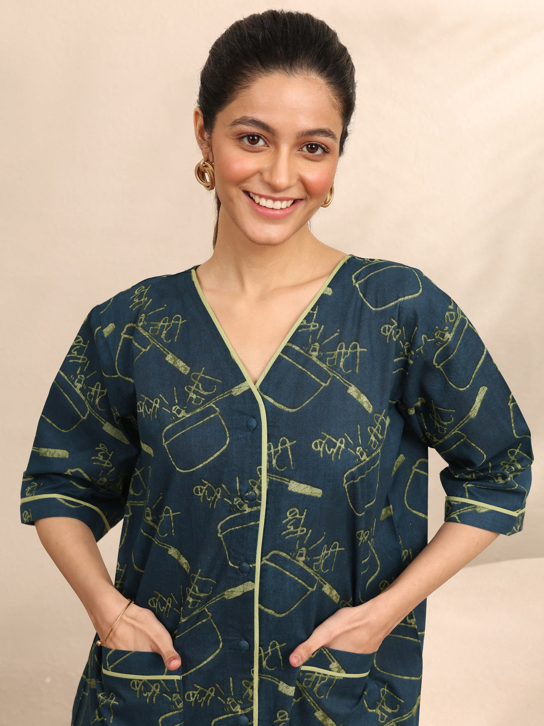 Teal Printed Cotton Night Suit