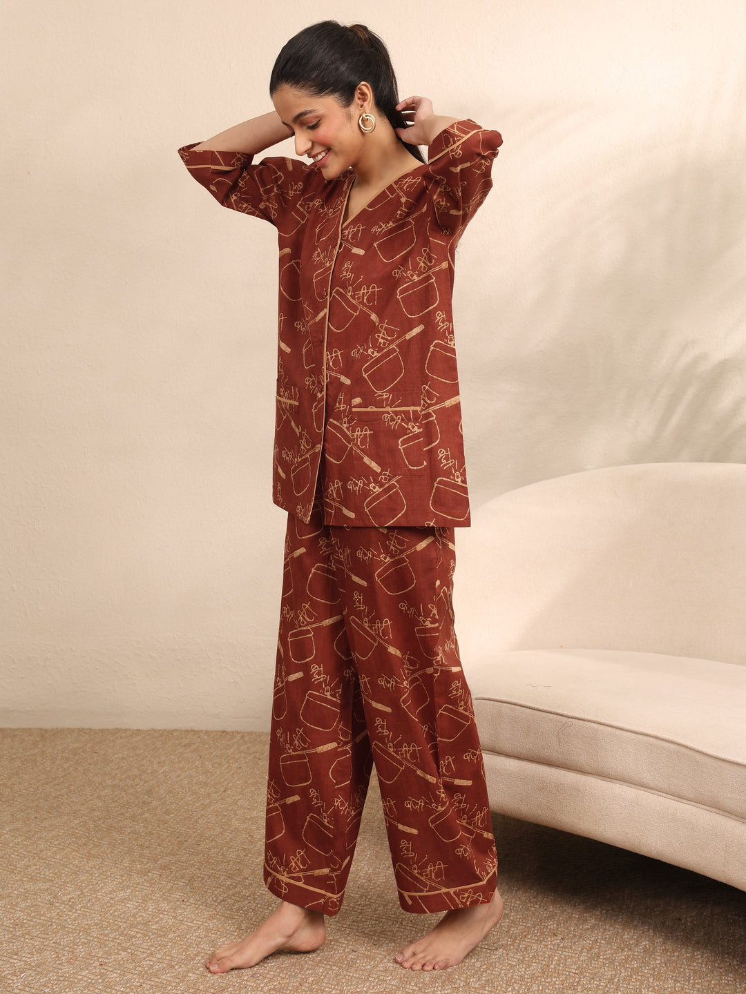 Rust Printed Cotton Night Suit