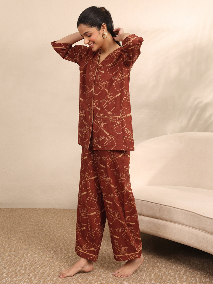 Rust Printed Cotton Night Suit