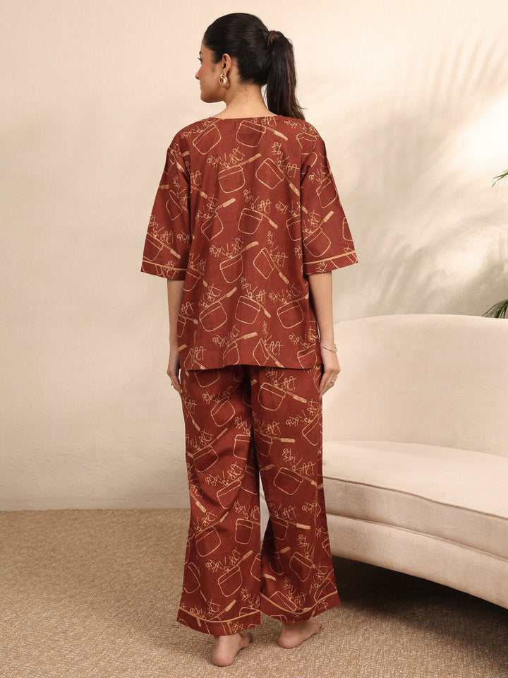 Rust Printed Cotton Night Suit