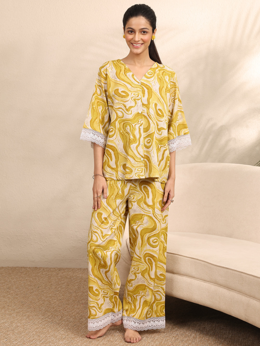Yellow Printed Cotton Night Suit