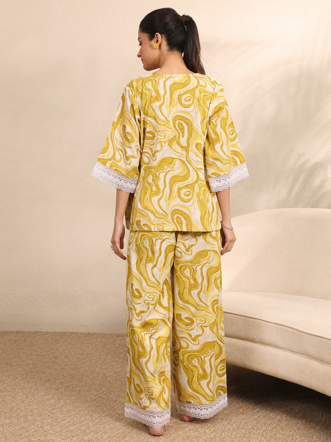Yellow Printed Cotton Night Suit