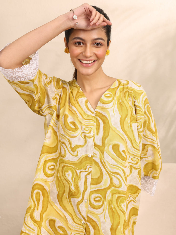 Yellow Printed Cotton Night Suit