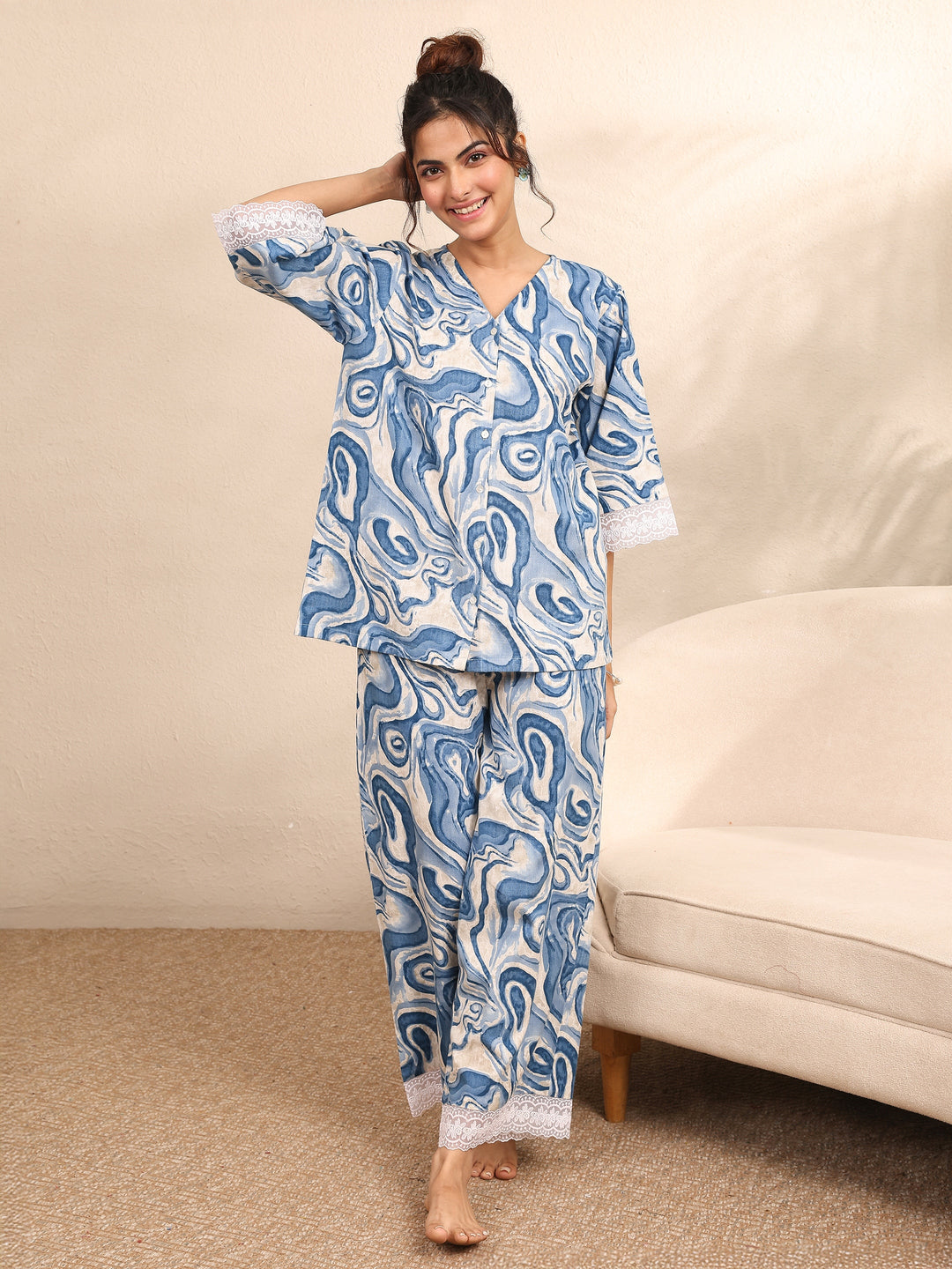 Blue Printed Cotton Night Suit