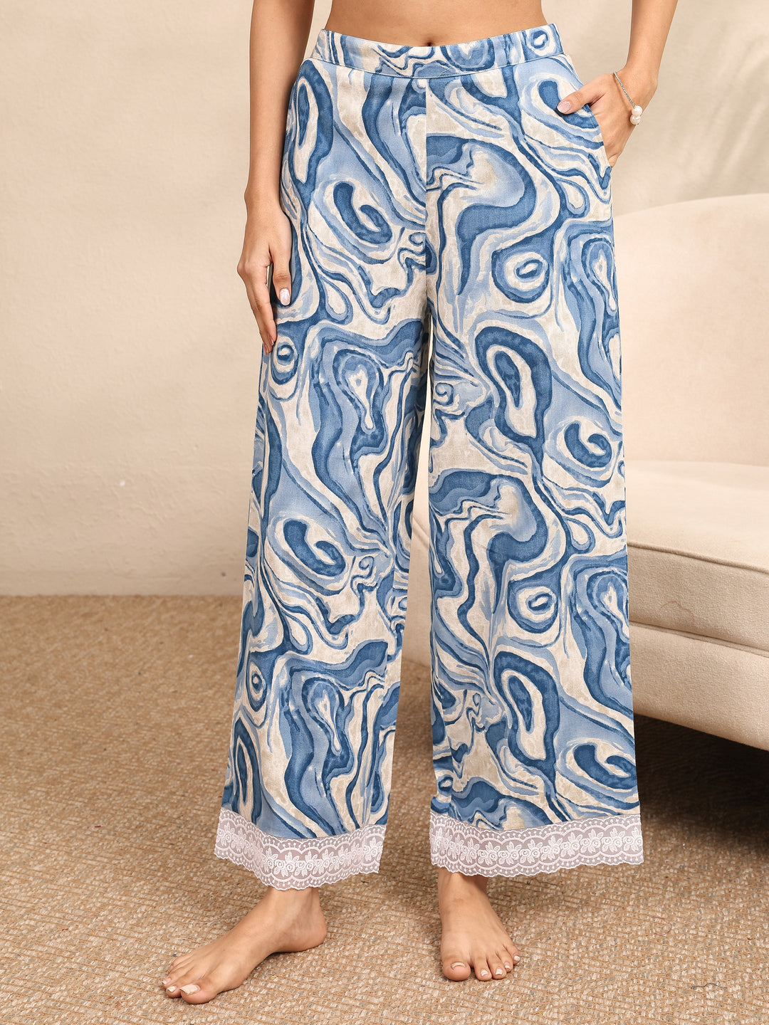 Blue Printed Cotton Night Suit