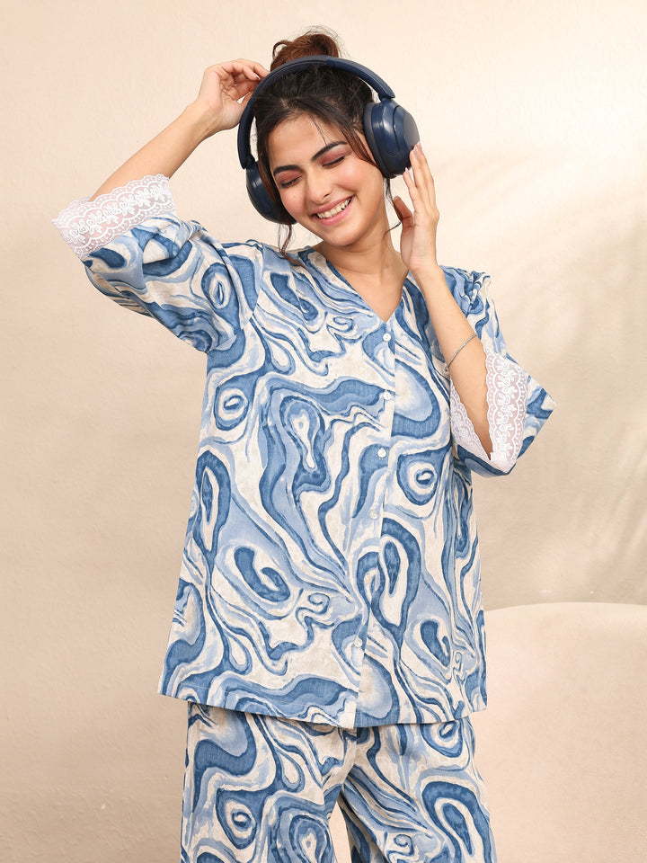 Blue Printed Cotton Night Suit