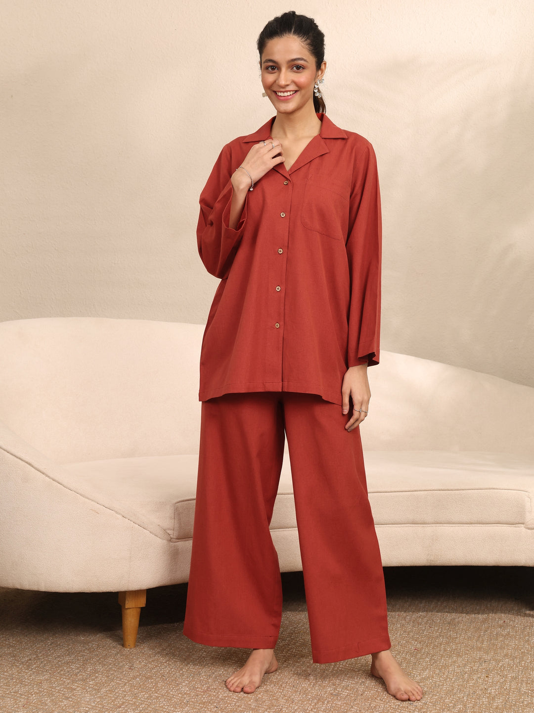 Rust Printed Cotton Night Suit