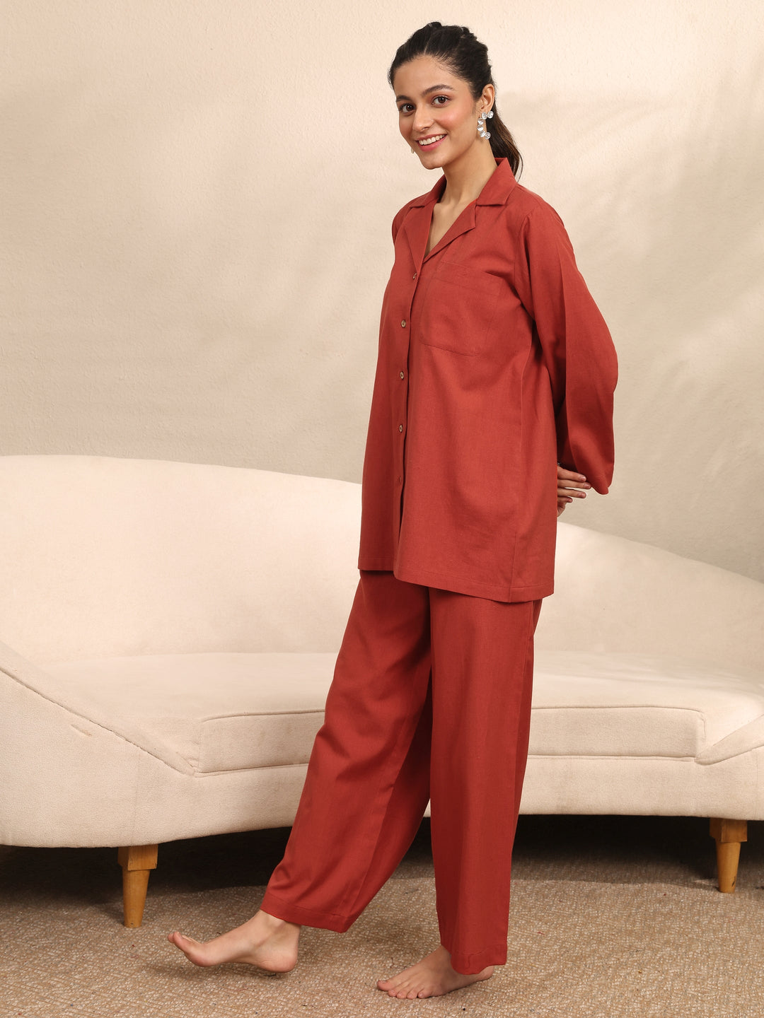 Rust Printed Cotton Night Suit